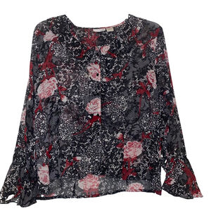 Women's Claudia Richard Sheer Black and Red Rose Abstract Blouse Size XL